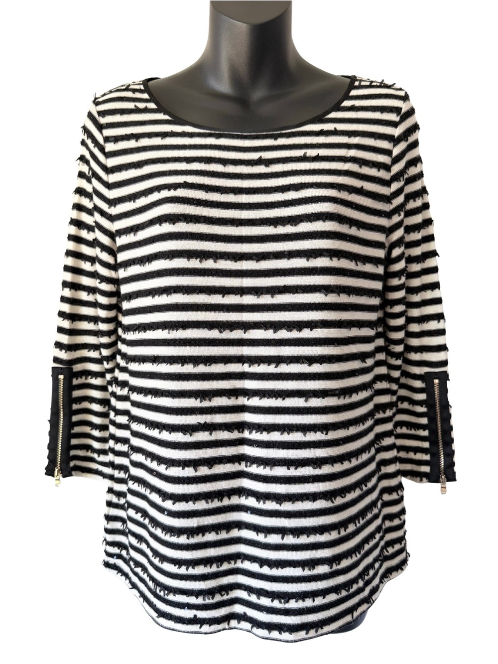 Ann Taylor Black White Striped Fringe Knit Top Blouse Womens Medium Petite Zip